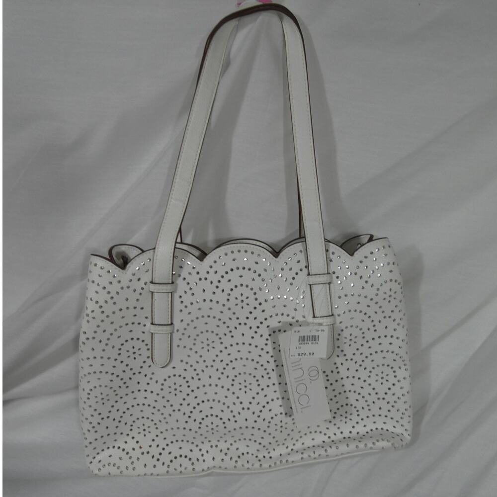 Minicci Shoulder Bag/Purse White Vinyl Laser Cut Front Button Closure Scalloped